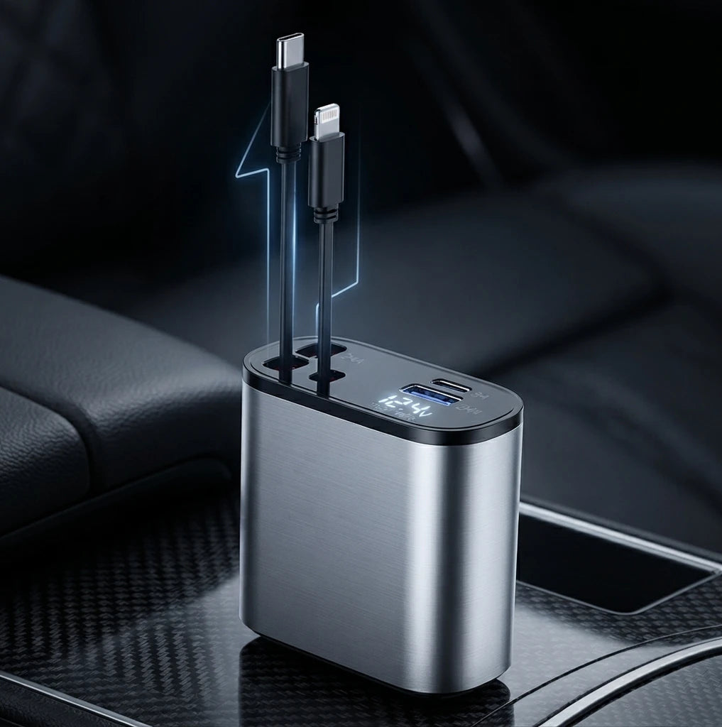 Multi-Port Retractable Car Charger – Fast Charging USB-C & Apple Compatible