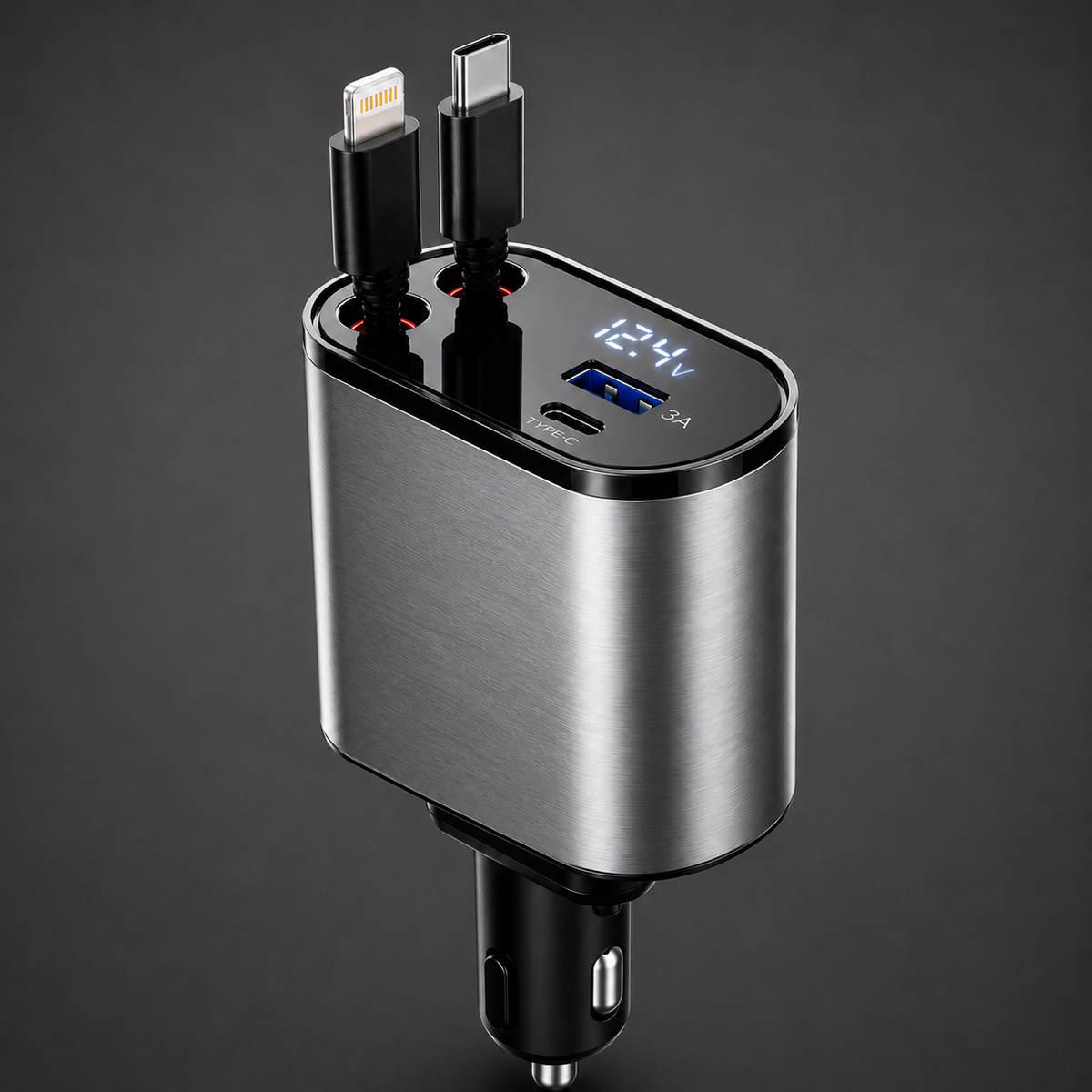 Multi-Port Retractable Car Charger – Fast Charging USB-C & Apple Compatible