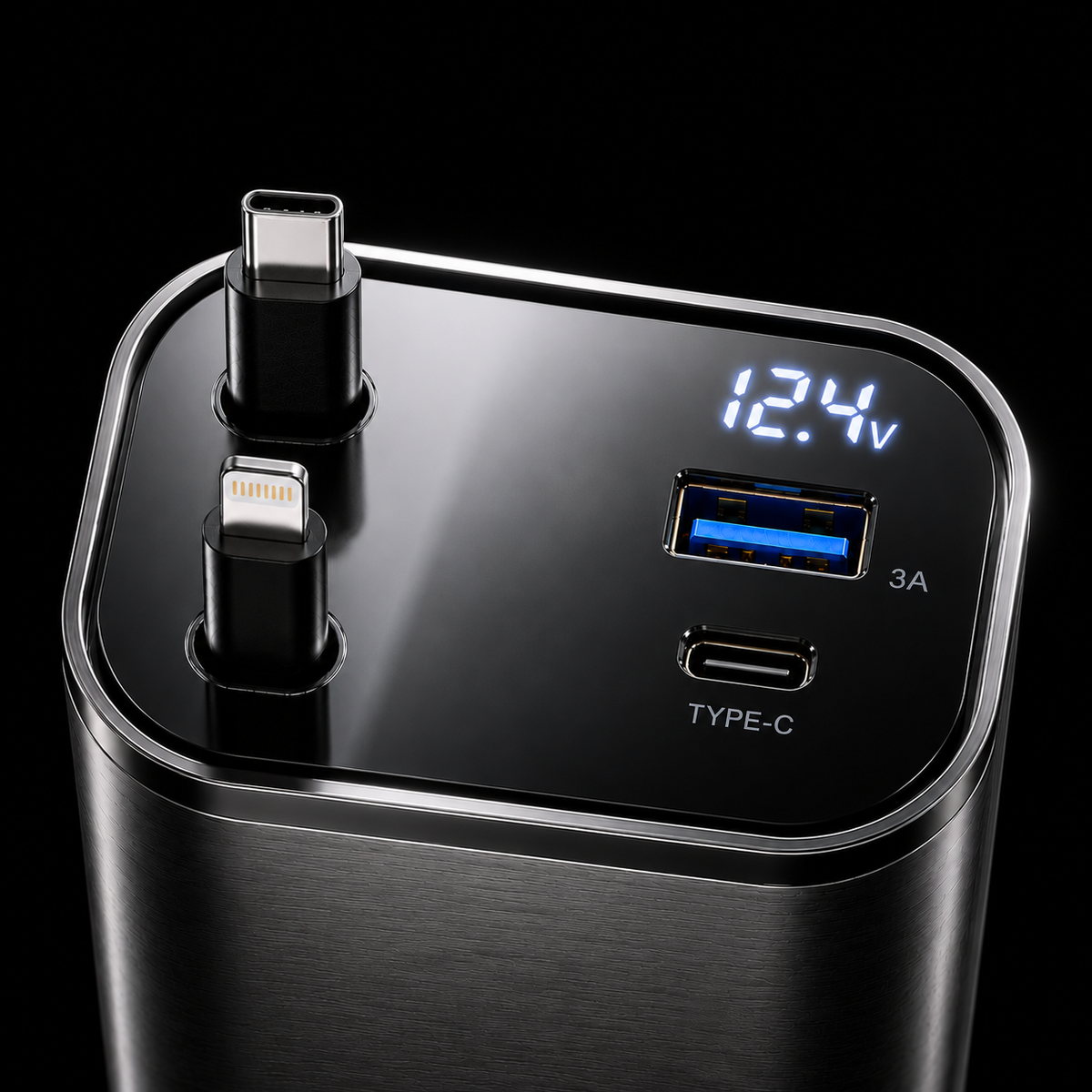 Multi-Port Retractable Car Charger – Fast Charging USB-C & Apple Compatible
