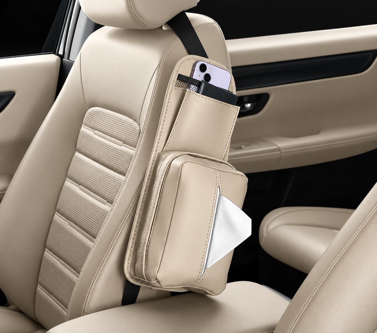 Car Seat-Side Tissue Holder & Storage Organiser