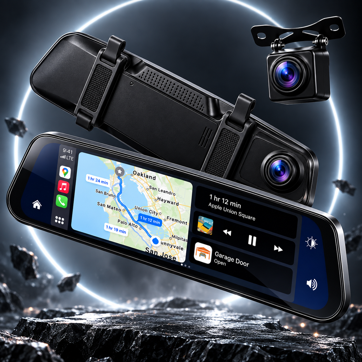 9.66" Wireless CarPlay & Android Auto Dash Cam with Rear Camera