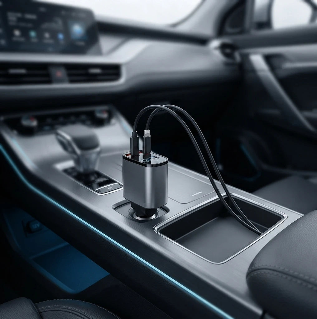 Multi-Port Retractable Car Charger – Fast Charging USB-C & Apple Compatible
