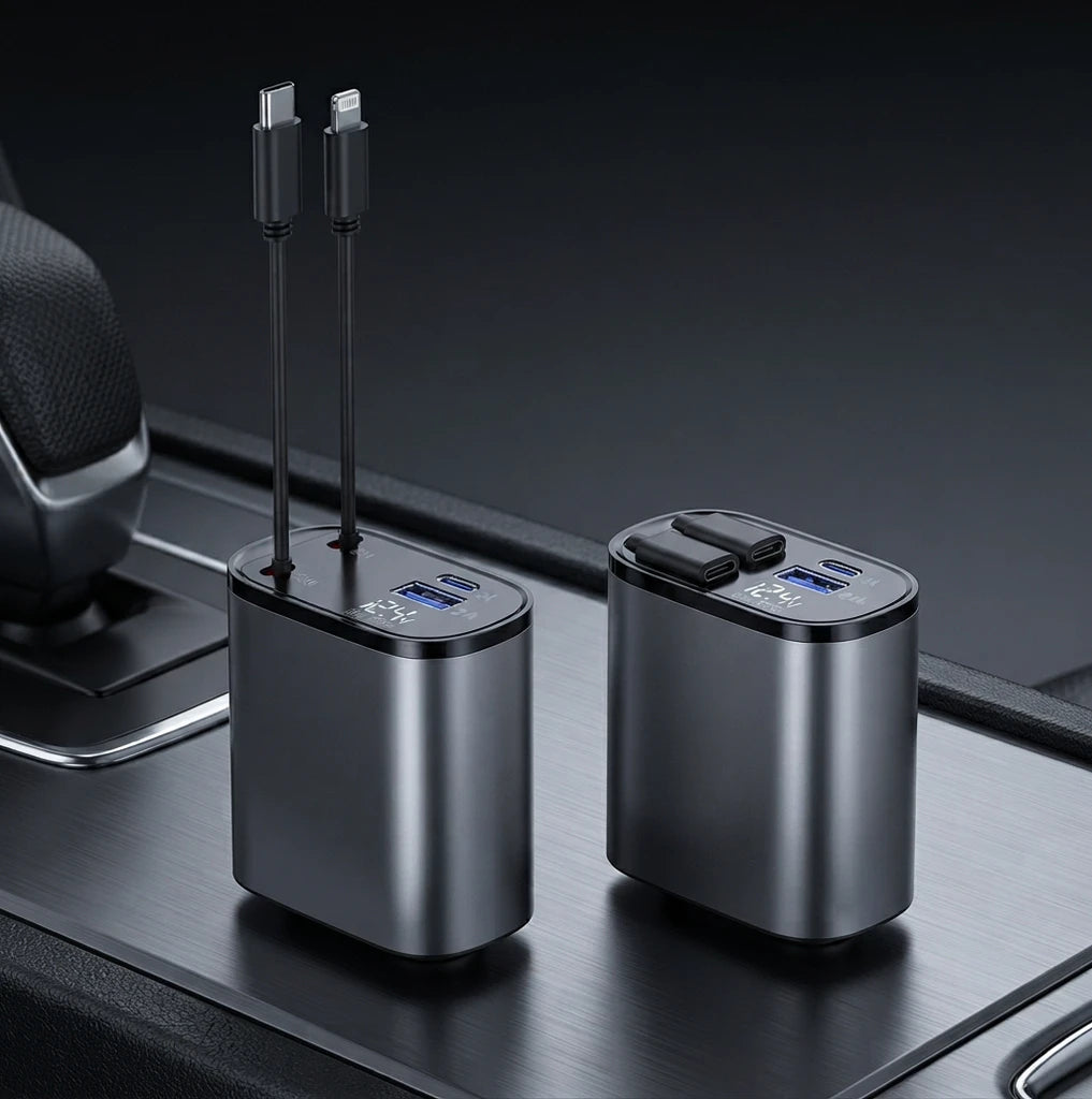 Multi-Port Retractable Car Charger – Fast Charging USB-C & Apple Compatible